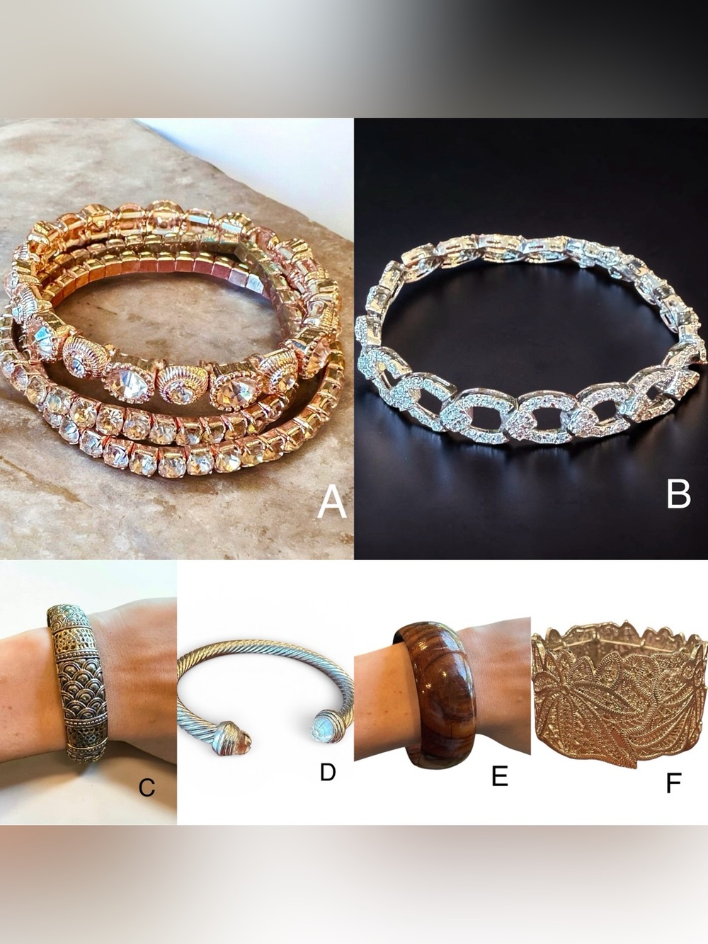 ✨Mixed Lot of Bracelets and Bangles- Silver, Gold, Rose Gold, Wooden (6 total)✨